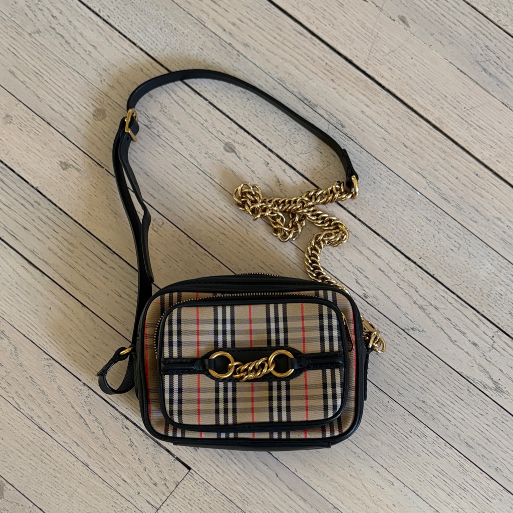 Burberry Check Link Camera Bag Beige And Black Crossbody With Gold Chain